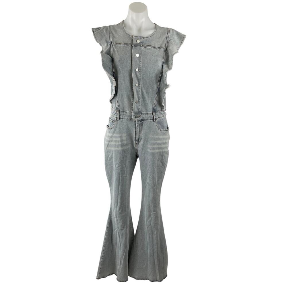 NEW Blue B Retro Ruffle Sleeve Bell Bottom Button Up Denim Jumpsuit Romper Sz L